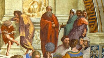 A colourful painting with some greek philosophers listening and discussing the ideas with people, in a hall with partly visible semi-circle shaped dome.
